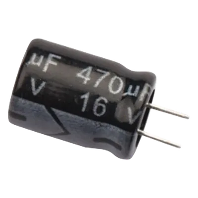 Capacitor Electrolítico de Aluminio / 470 μF / 16 Vcc / 105 °C / Radial 8.0 x 11 mm / Corriente de Rizado 305 mA RMS