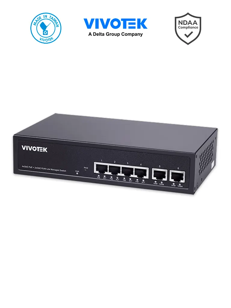 VIVOTEK AW-GEL-065A-060 - Switch PoE Gigabit Administrable Lite, 4 puertos GE PoE, 2 puertos GE RJ45, 30W por puerto, 60W Totales, Modo Extendido hasta 250 mts, Gestion PoE, VLAN
