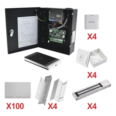 Kit de Control de Acceso por Tarjeta / 4 Puertas / 10,000 Tarjetas / 50,000 Eventos / Gabinete Metálico / 12VCC 8A / -20°C a 65°C / 11.2 x 9.3 x 2.7 pulgadas