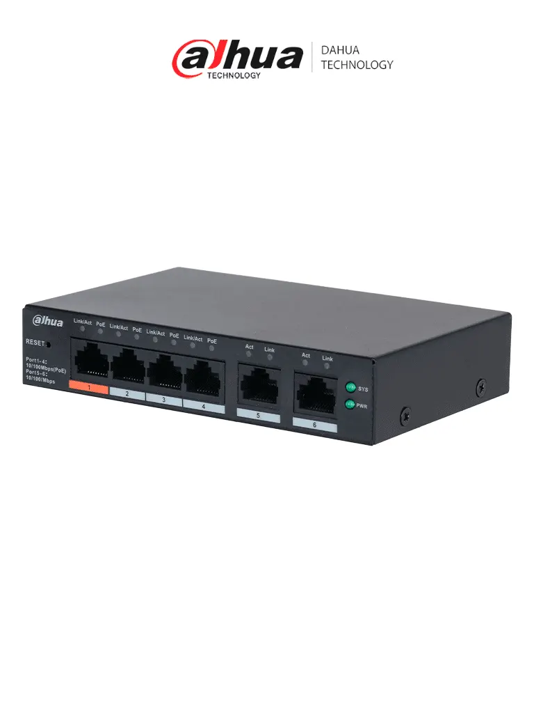 Switch PoE Dahua DH-CS4006-4ET2ET-60 con 4 puertos PoE y 65 W