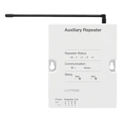 Repetidor RF / Alcance 305 m (1000 ft) / Enlace RS485 o Inalámbrico / Hasta 4 Unidades por Sistema / Memoria ante Fallas