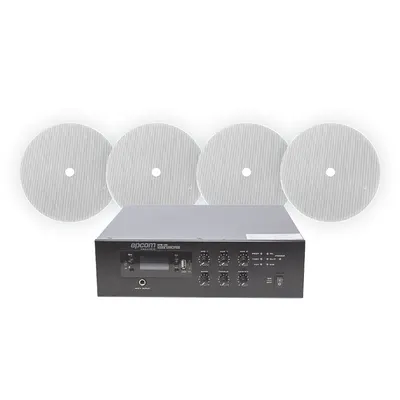 Kit de Voceo 70/100V / Amplificador 120W RMS / 4 Altavoces de 6" / Bluetooth y MP3 / Montaje en Techo