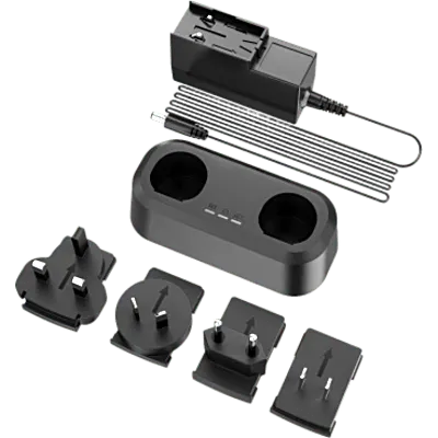 Cargador de Baterías de Doble Bahía para Serie M / 2 Baterías Simultáneas / 3 Indicadores LED / Adaptadores US, UK, EU, AU / 119.97 x 55 x 38.8 mm