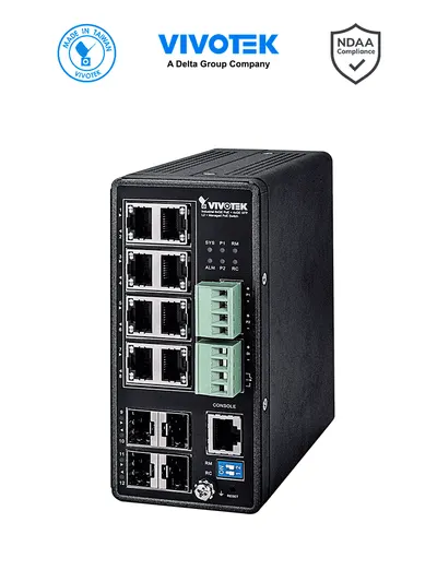 VIVOTEK AW-IHT-1271 - Switch PoE Industrial Vivocam L2+ Administrable, 8 puertos GE Poe, 4 puertos GE SFP, 30W por puerto, 240W Totales