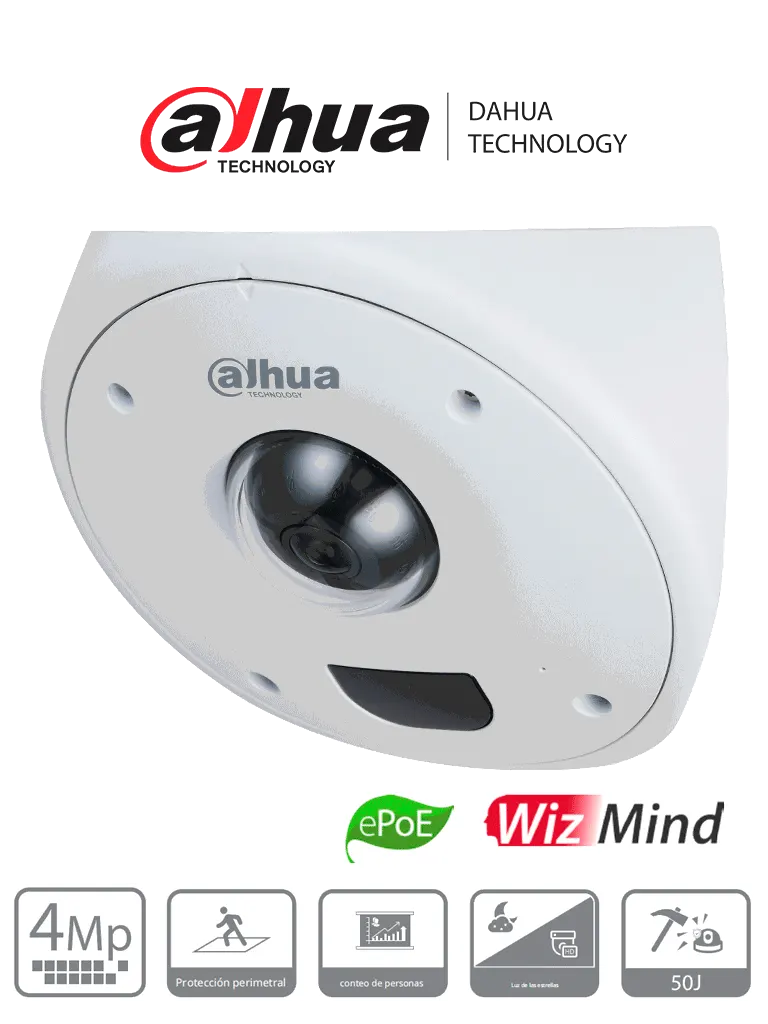 DAHUA IPC-HCBW8442 - Domo IP de 4 MP para Montaje en Esquinas/ Lente de 2.5 mm/ 135°/ IR de 10 Metros/ Antivandálico/ Protección Perimetral/ Conteo de Personas/ Mapa de Calor/ IP67 e IK10+ (50J)/ PoE/ E&S de Alarma/ E&S de Audio /