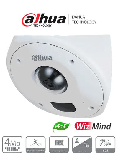 DAHUA IPC-HCBW8442 - Domo IP de 4 MP para Montaje en Esquinas/ Lente de 2.5 mm/  135°/ IR de 10 Metros/ Antivandálico/ Protección Perimetral/ Conteo de Personas/ Mapa de Calor/ IP67 e IK10+ (50J)/ PoE/ E&S de Alarma/ E&S de Audio /
