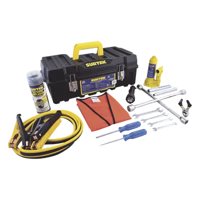 Juego de Herramientas Automotriz / 14 Piezas / Gato 2 Toneladas / Cables Pasacorriente 2.5 m (8.2 ft) / Llaves 8-15 mm / Poncholina 12 oz
