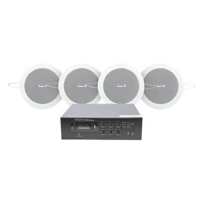 Kit Amplificador Voceo / 120W RMS / Sistema 70/100V / 4 Altavoces de Plafón 4in / Bluetooth y MP3 / Taps 3-6W