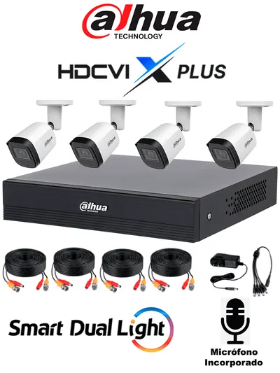 DAHUA DHI-KIT/XVR1B04H-I/T/4-B2A51N-U-IL-A-0280B-S3-DIP -Kit de 4 Ch de 5 MP/ DVR Cooper-I WizSense/Con IA/ H.265+/4 Camaras B2A51 Metalicas/4 Ch + 1 IP o Hasta 5 Ch IP/ 4 Ch SMD Plus/Busqueda de Humanos y Vehiculos/Accesorios Incluidos