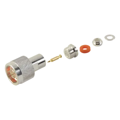 Conector RF N Macho / Ensamble por Rosca / Compatibilidad RG-58/U y RG-142/U / Cuerpo Bronce Plateado / Contacto Oro / Aislante Teflón