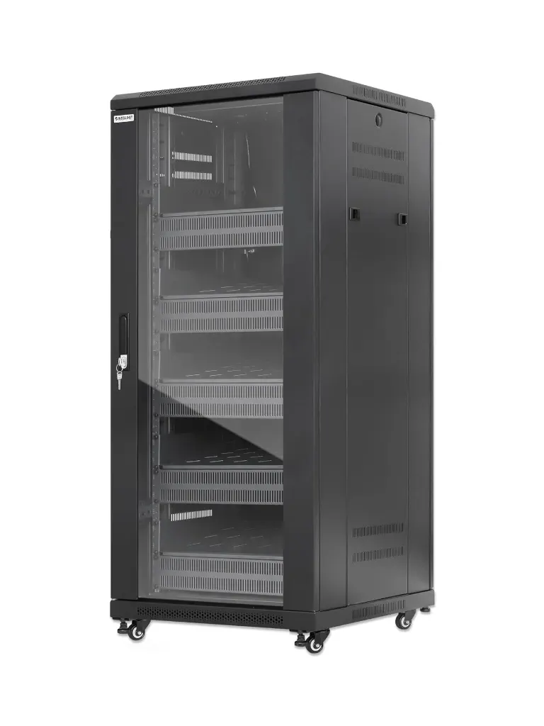 INTELLINET - 716239 - Gabinete 19" Pro Line con extractores de aire, 27U / Frente de 600 mm, unidad de ventilación con dos extractores de aire instalados en el techo, profundidad de 600 mm, Ensamblado, negro RAL 9004