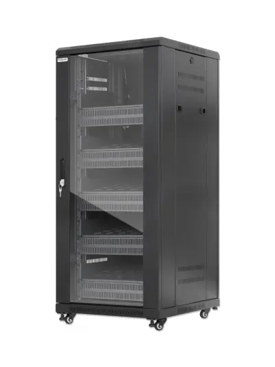 INTELLINET - 716239 - Gabinete 19" Pro Line con extractores de aire, 27U / Frente de 600 mm, unidad de ventilación con dos extractores de aire instalados en el techo, profundidad de 600 mm, Ensamblado, negro RAL 9004