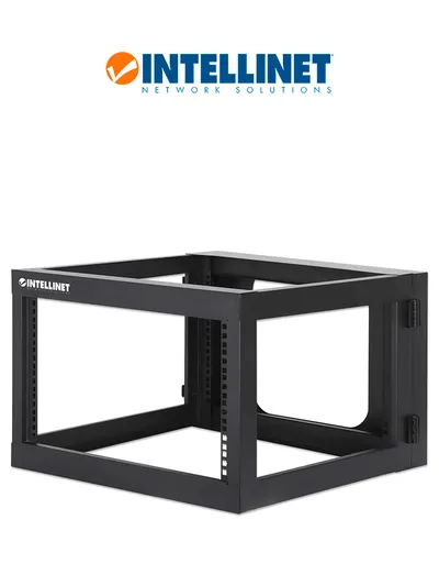 INTELLINET 716031 - Rack abierto de 19" para montaje en pared, 4 postes, 6U, marco abatible, 60 cm de profundidad, color negro RAL 9004, ensamblado