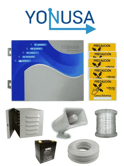YONUSA PACK127AF -Paquete de energizador de alta frecuencia con interface/ Sirena y gabinete metálico/ Bobina de alambre 500 mts/ Bobina cable bujía/ batería y 5 letrero