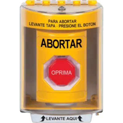Botón de Abortar, Texto en Español, Tapa Protectora de Policarbonato Súper Resistente, Momentáneo