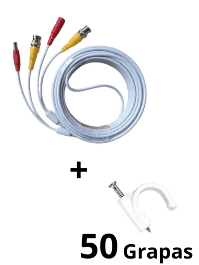 TCE-BNC10WLMG5-Paquete de Cable Siamés Armado Blanco de 10 Metros con Bolsa de 50 Grapas de Pared Blancas de 5mm