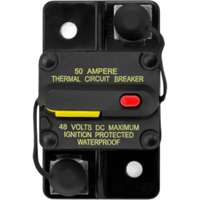 Disyuntor Marino Restablecible / 80 A / Protección IP67 / Resistente a Inmersión Temporal 1 m (3.28 ft) / Certificación SAE J1171 contra Ignición / Restablecimiento Manual / Indicador de Alta Visibilidad / Terminales de Acero I