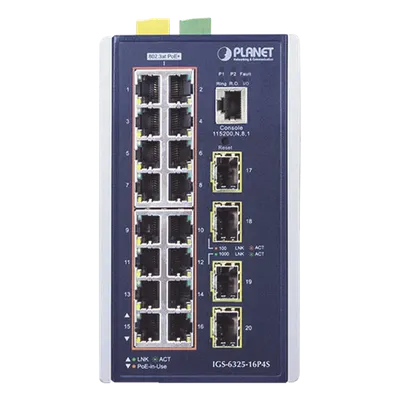Switch Industrial Capa 3 PoE+ / 16 Puertos 10/100/1000T / 4 Puertos SFP 1G/2.5G / -40°C a 75°C / IP30