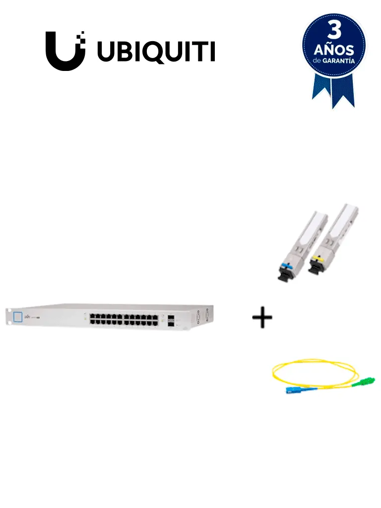 UBIQUITI US24250WPAQFIB2 - Paquete de Switch Poe 24 Puertos RJ45 y 2 Puertos SFP + Par de transceptores de fibra óptica SFP monomodo hasta 20km + Jumper Simplex 2 mm de 2 Metros