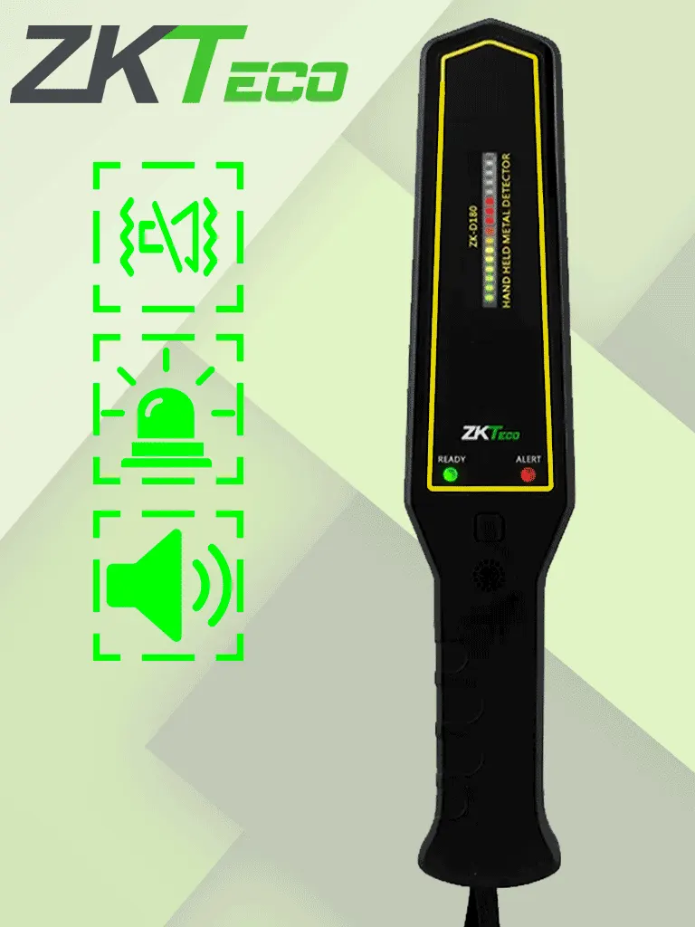 ZKTECO D180 - Detector de metales portátil con alta sensibilidad, indicador visual, alarmas sonora y vibración. Su batería recargable de 9VDC proporciona hasta 40 horas de uso continuo, ideal para aplicaciones de seguridad eficientes y prolongadas.