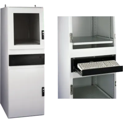 Estación de Trabajo para Computadora PROLINE Serie Gold Tipo 12 / 1600 x 600 x 800 mm (63 x 23.6 x 31.5 in) / Acero 16/14 Gauge / Ventanas de Policarbonato / Gris Claro RAL 7035 / IP55 / UL 508A / cUL / NEMA 12