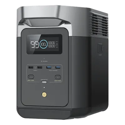 Estación de Energía Portátil Delta 2 1024Wh Litio LFP / 6 AC 1800 W (Max. 2200W) / 2 USB-C 100W / Capacidad para Aumentar Respaldo / Cargador de Coche 10A a 12.6V / Conectividad WiFi y Bluetooth (App) / Carga Solar 500W Max.