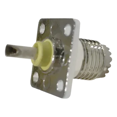 Conector Mini-UHF Hembra / Montaje 4 Perforaciones 13 mm (0.51 in) / Cuerpo Níquel / Contacto Oro / Aislante Baquelita / Soldable