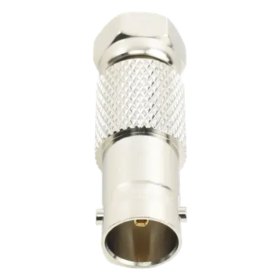 Adaptador RF en Línea / Conector F Macho a BNC Hembra / 75 Ohm / 0 a 1 GHz / Cuerpo Bronce Níquel / Contacto Oro / Aislante Delrin