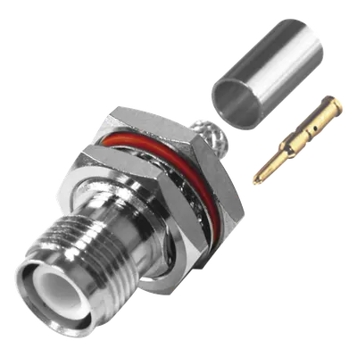 Conector TNC Hembra Inverso / Montaje Trasero Panel D-Plano / Hermético Anillo Plegable / RG-142/U / Níquel-Oro-Teflón