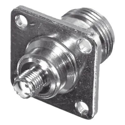 Adaptador Coaxial en Línea para Panel / SMA Hembra a N Hembra / Montaje Frontal y Trasero / 18 mm entre Centros / Níquel y Oro