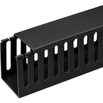 Canaleta Ranurada de PVC Rígido para Organización y Protección de Cableado / Ranura Ancha con Tapa a Presión / Color Negro / Tramo de 100 × 100 mm × 2 m