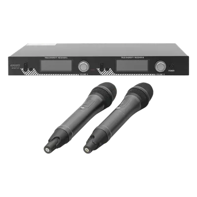 Sistema de Microfonía Inalámbrico UHF / 2 Micrófonos de Mano / 200 Canales / Alcance 100 m (328 ft) / Frecuencia 640-857 MHz / Batería 10-15 Horas