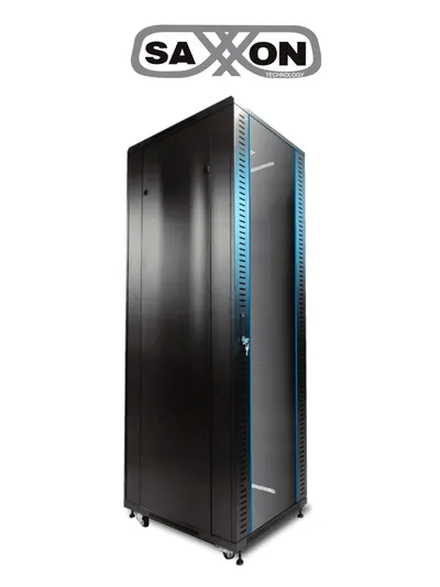 SAXXON SXR42U6642S - Gabinete de Piso color Negro / 42UR / Puerta de Vidrio Templado / Alto 198 cm / Ancho 60 cm / Profundidad 60 cm / Incluye Base con 2 Ventiladores 110V