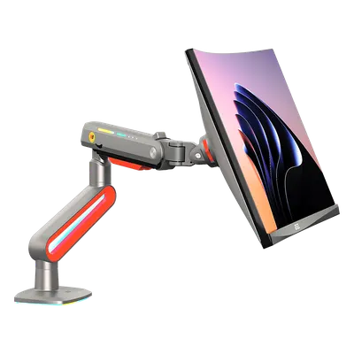 Montaje de Escritorio Ideal Para Monitores Gaming de 32"- 60" / Capacidad de Carga Maxima 20 Kg / Vesa 75 x 75 - 100 x 100 / Acero / Giro 360° / Color Carbon Mate con Cubierta Plastica Color Rojo / Iluminación RGB