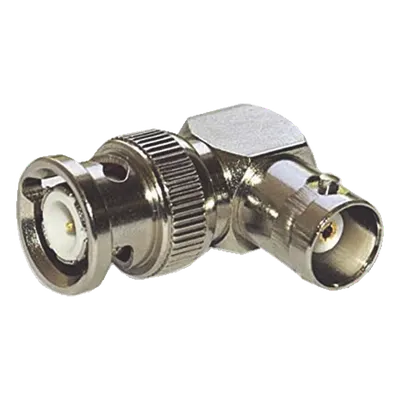 Adaptador Coaxial / BNC Macho a BNC Hembra / Ángulo Recto / 75 Ohm / Níquel-Oro-Teflón