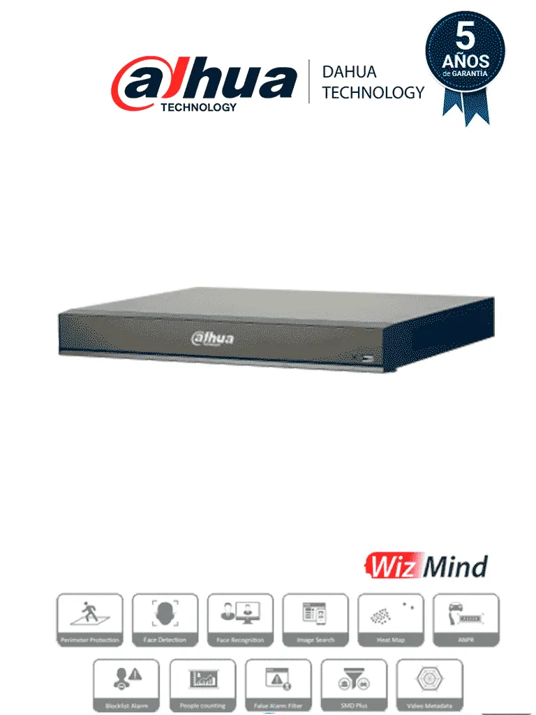 DAHUA DHI-NVR5216-16P-I/L - NVR de 16 Canales 4k/ WizMind/ 16 Puertos PoE/ H.265+/ 4  Canales de Reconocimiento Facial/ 20 Bases de Datos de Rostros/ 2 Bahías de Discos Duros/ Rendimiento de 320 Mbps/ 4&2 E&S de Alarma/