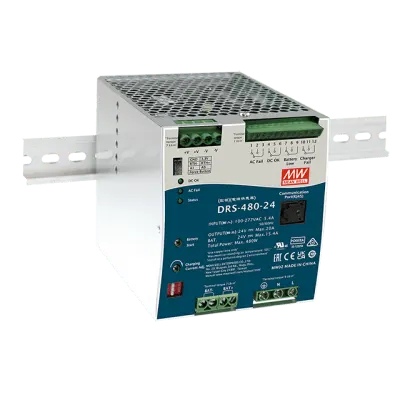 Fuente de Poder Industrial / 480W / Salida 24Vcc 20A / Cargador de Baterías Integrado / Riel DIN / Entrada Universal 90-305Vca