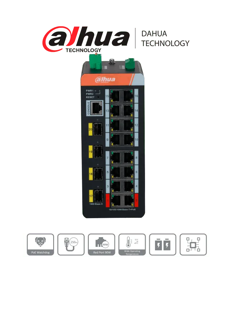 DAHUA DH-IS4420-16GT-240 Switch industrial administrado gigabit / 20 puertos/ 16 puertos PoE (administrado)/ PoE wathcdog/ Switching 56 Gbps