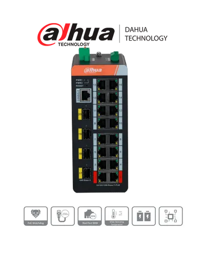 DAHUA DH-IS4420-16GT-240 Switch industrial administrado gigabit / 20 puertos/ 16 puertos PoE (administrado)/ PoE wathcdog/ Switching 56 Gbps