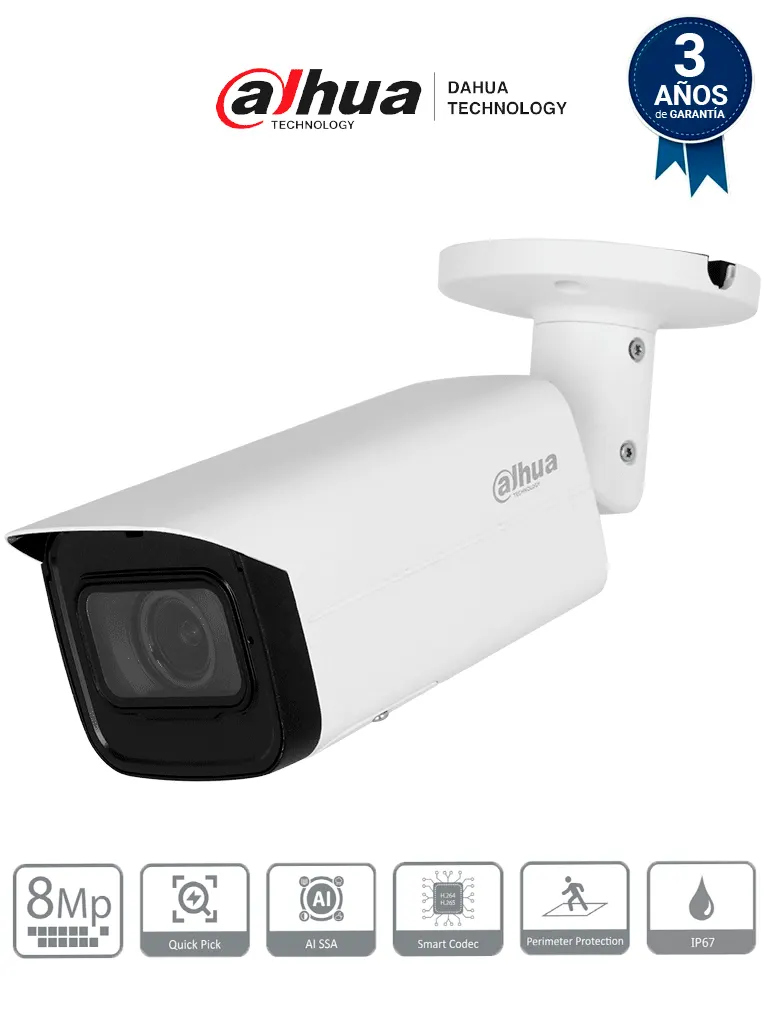 DAHUA IPC-HFW3841T-ZAS-S2 Cámara IP Bullet 4K de 8 MP, lente motorizado 2.7-13.5 mm, ángulo 109°, IR 60m, IA WizSense, Detección de Movimiento Inteligente, Protección Perimetral, PoE, WDR, H.265+, IP67, Entrada/Salida Alarma y Audio.
