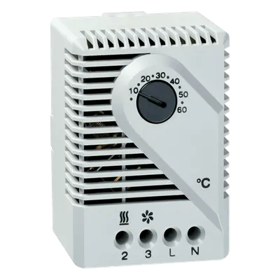 Termostato Mecánico para Gabinetes / 115V AC / Rango 10°C a 60°C / Montaje Riel DIN 35 mm / Contacto Snap-Action / Gris Claro RAL 7035