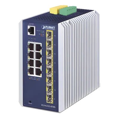 Switch Industrial Capa 3 / 8 Puertos 10/100/1000T / 8 Puertos SFP 1G/2.5G / IP30 / -40 a 75°C / 56 Gbps