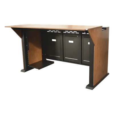 Consola Profesional para Monitoreo | Con Porta PC | Con Tomacorriente | Tapas Removibles | Color Negro y Nogal con Veta | Lamina de Acero Rolado Calibre 18 | Pintura en Polvo Electrostática.