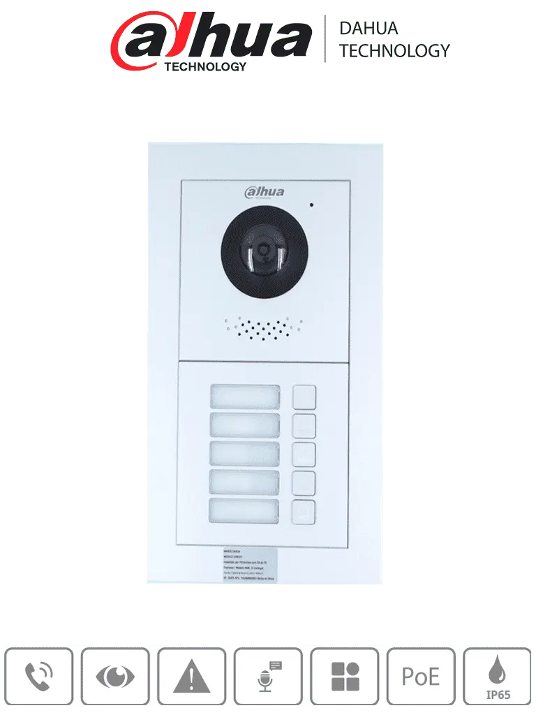 DAHUA PAQ2VTO4202F - Paquete Modular de Frende de Calle para 5 Departamentos/ Incluye Camara de 2 Megapixeles/ Modulo de 5 Botones/ Caja y Panel Frontal/ Apertura Remota/ Notificación APP/ Funcion P2P