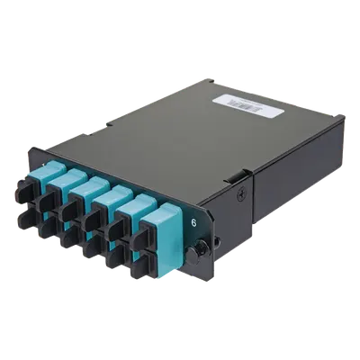 Placa Acopladora de Fibra Óptica FAP / 12 Fibras Multimodo OM3/OM4 / 6 Conectores SC Duplex / 12 Pigtails de 1 m (3.28 ft) / Color Aqua