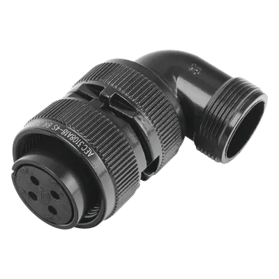 Conector Hembra en Ángulo Recto / 4 Contactos / Terminales Soldables / AWG 14-12 / Cuerpo Plateado Negro / Aislante Delrin / 90°
