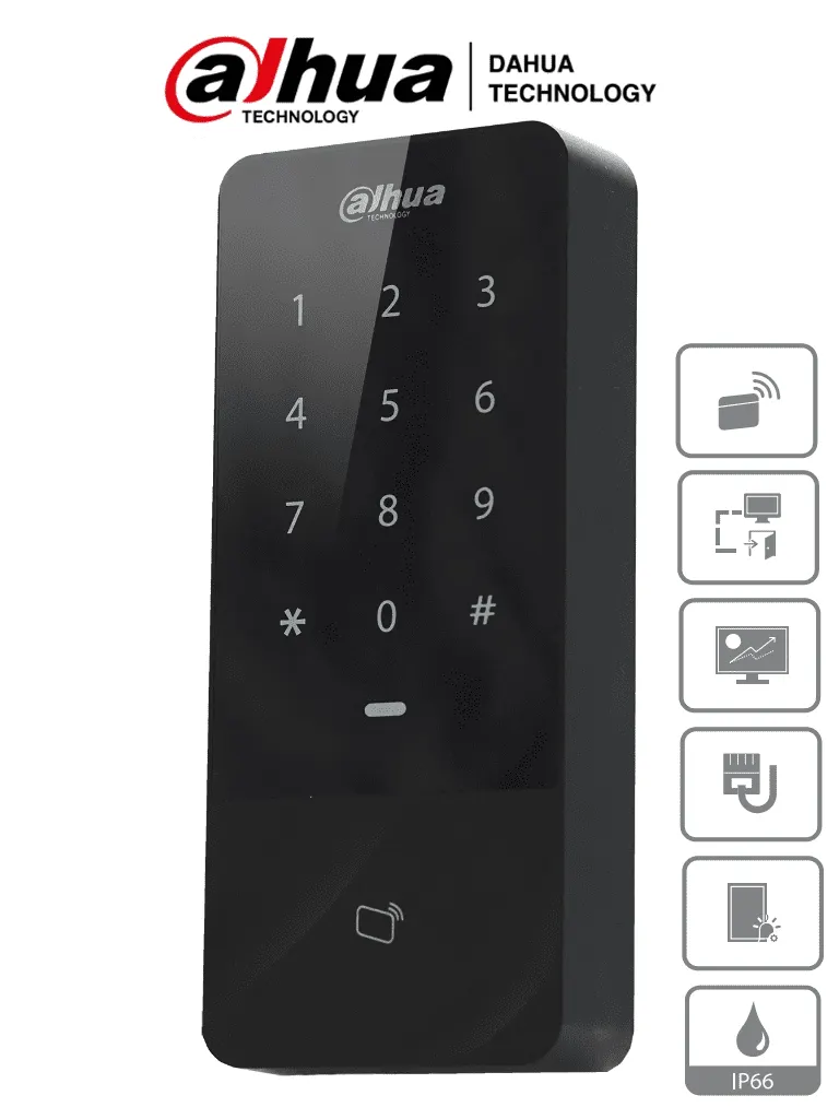 DAHUA ASI1201E-D  - Control de Acceso Independiente con Teclado Touch y Tarjetas ID/ 30,000 Usuarios, 60,000 Registros/ TCP/IP/ Soporta Lectora Esclavo por Wiegand y RS-485/ Uso Exterior IP66/ Desbloqueo con Tarjeta, Pasword o Combinación/