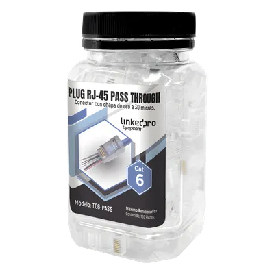 Bote de Plugs Pass Through RJ45 Cat6 / 100 Piezas / Sin Blindaje / Chapado Oro 30 Micras / Diseño Monopieza