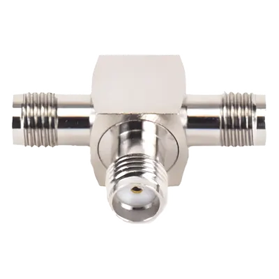 Adaptador RF en T / Triple Conector SMA Hembra / Frecuencia 18 GHz / Cuerpo Bronce Niquelado / Aislante Teflón