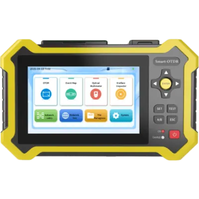 OTDR Touch para Pruebas en Enlaces Fibra Óptica Activos (Prueba de Fibra Viva) / 3 Longitudes de Onda / Integra Función OPM / Integra Función VFL 5mW / Recargable / Distancia de Prueba hasta 260 Kilómetros